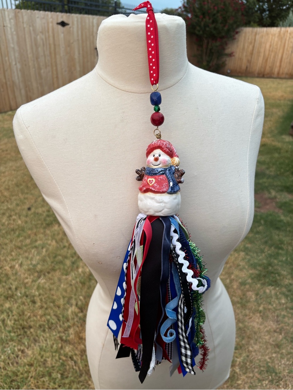 Handmade Red & Blue Snowman Ribbon Tassel Ornament